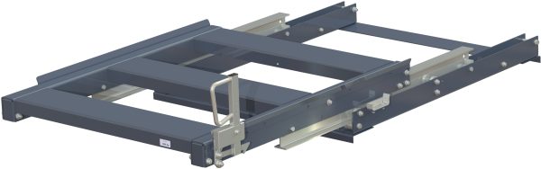 Pull-out unit for pallet rack with 70% extension ,1500 kg load capacity, front-loaded, short-side handled fin-pallet