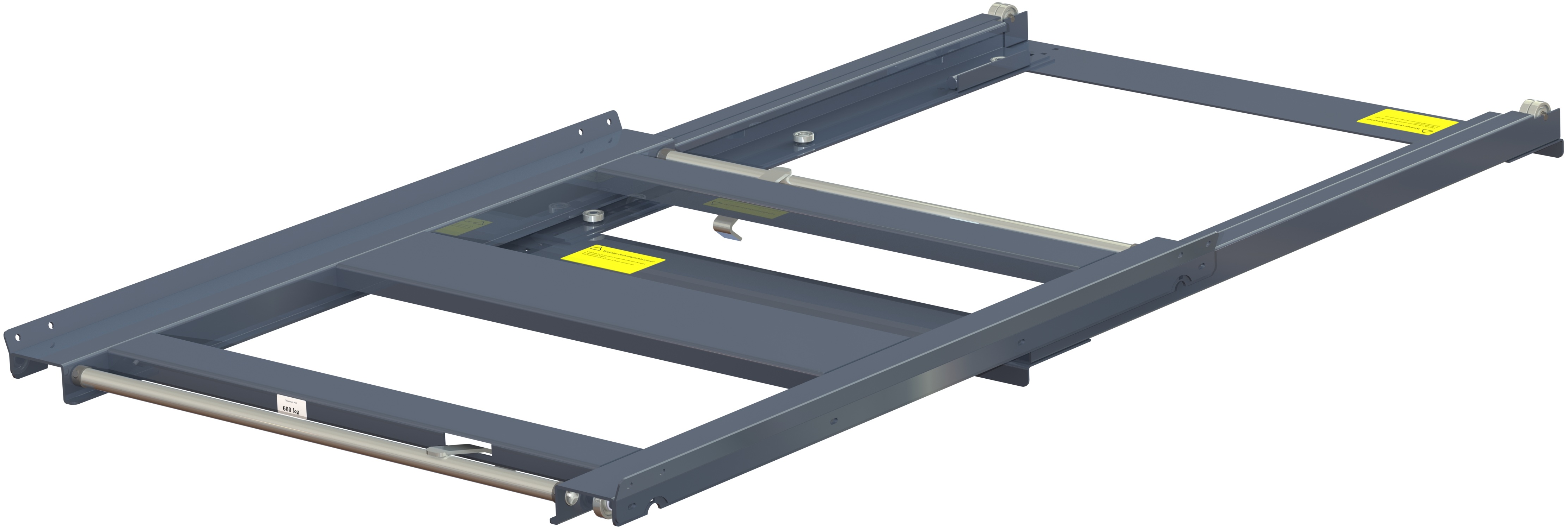Pull-out unit for pallet rack with 70% extension two-way ,600 kg load capacity, two way loaded, short-side handled fin-pallet