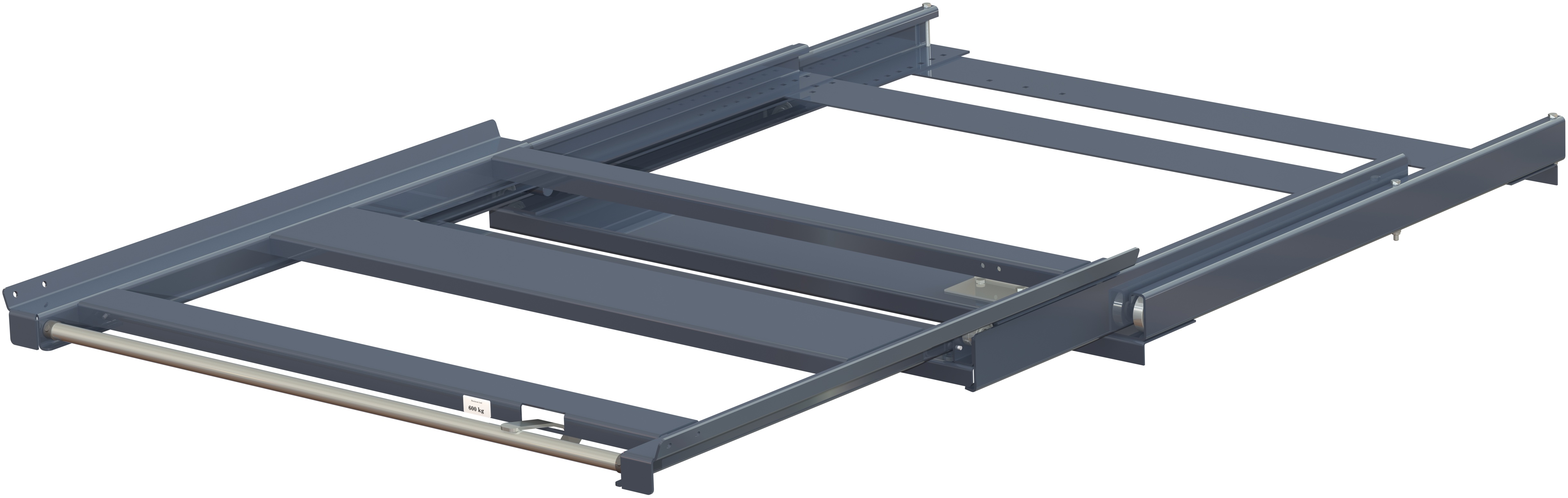 Pull-out unit for pallet rack with 100% extension ,600 kg load capacity, front-loaded, long-side handled fin-pallet