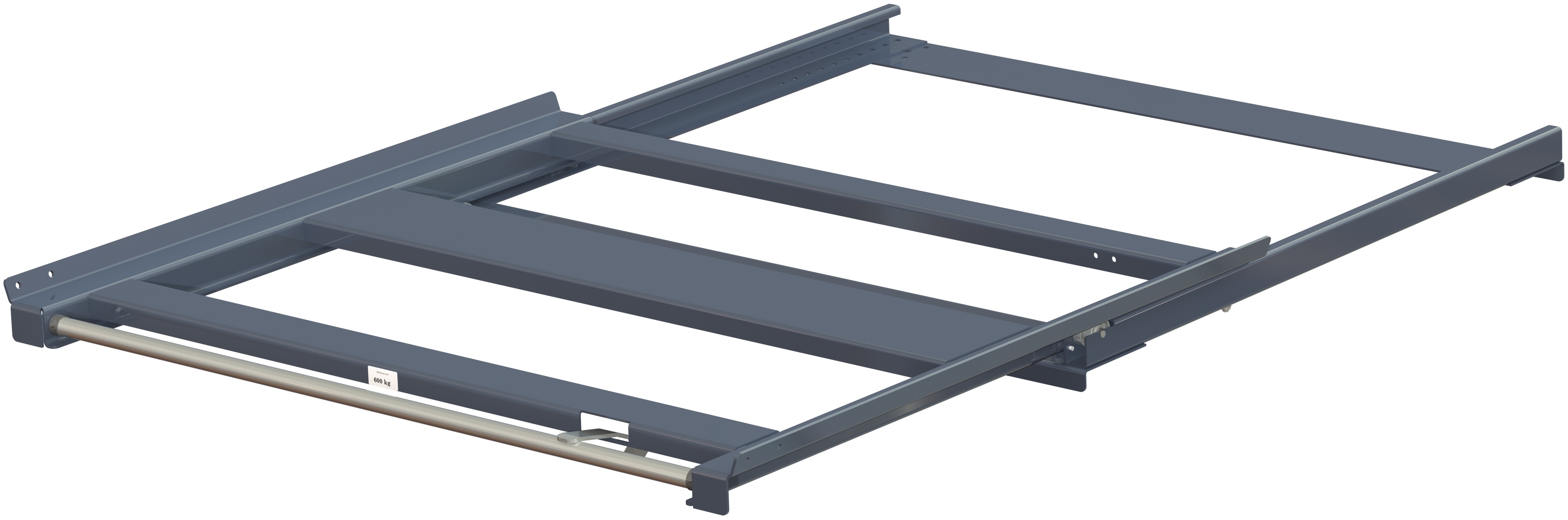 Pull-out unit for pallet rack with 70% extension ,600 kg load capacity, rear-loaded, short-side handled fin-pallet
