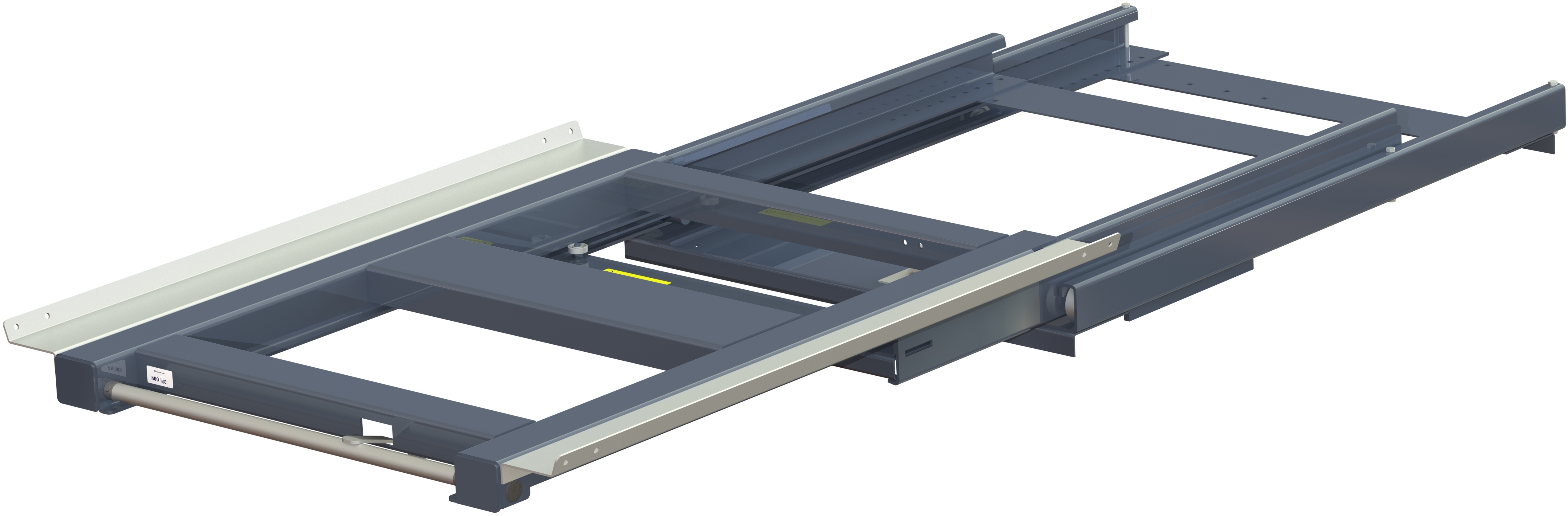 Pull-out unit for pallet rack with 100% extension ,800 kg load capacity, rear-loaded, short-side handled fin-pallet