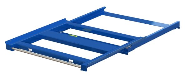 Pull-out unit for pallet rack with 70% extension ,800 kg load capacity, front-loaded, long-side handled fin-pallet