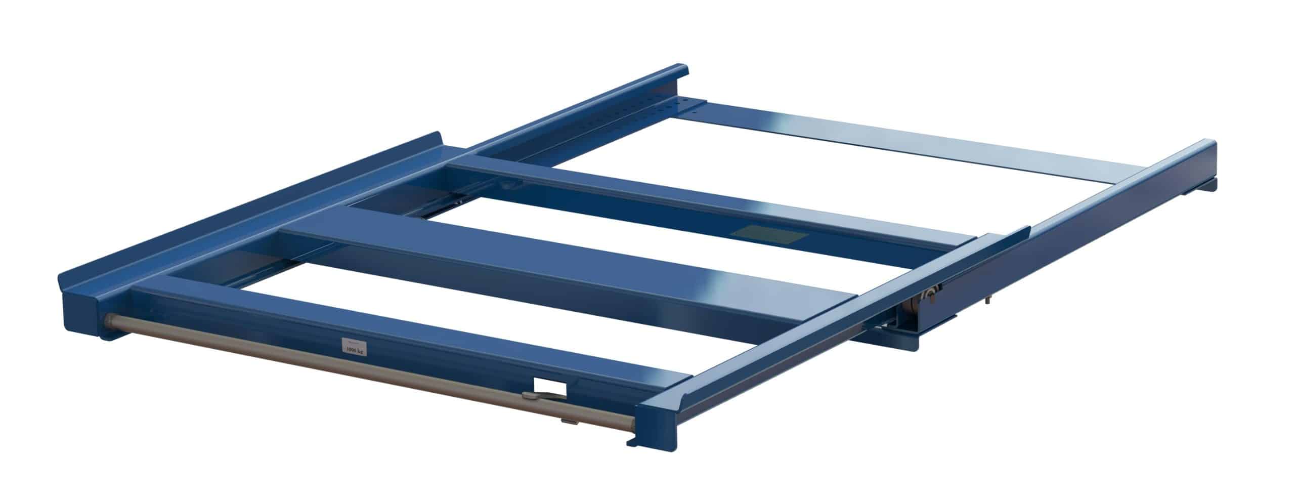 Pull-out unit for pallet rack with 70% extension ,1000 kg load capacity, rear-loaded, long-side handled fin-pallet