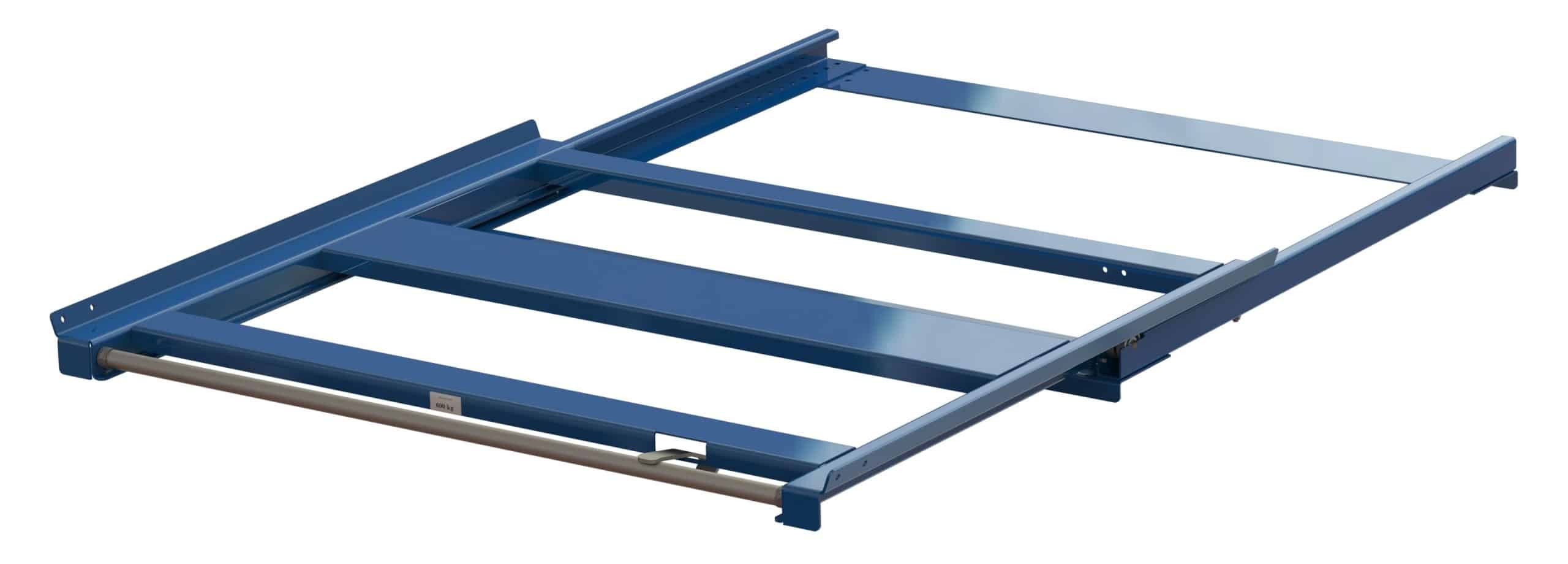 Beam-mounted pull-out unit for fin-pallets, 600 kg capacity, 70% extension, long-side handled, front-loaded