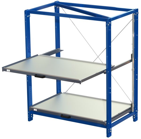 Compact storage unit with shelf lock, long-side forward, 70% extension, 200kg load capacity, 2 shelves