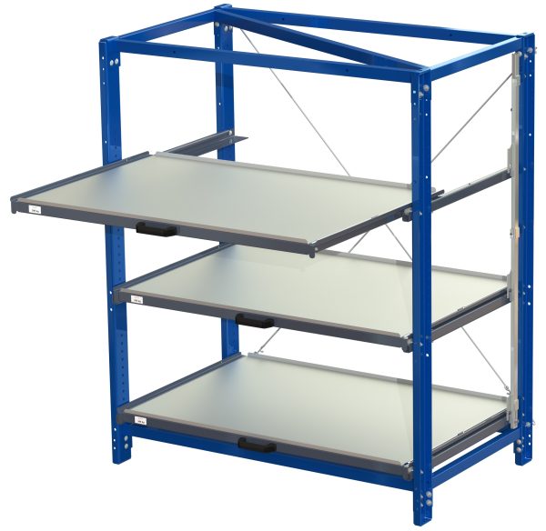 Compact storage unit with shelf lock, long-side forward, 70% extension, 200kg load capacity, 3 shelves