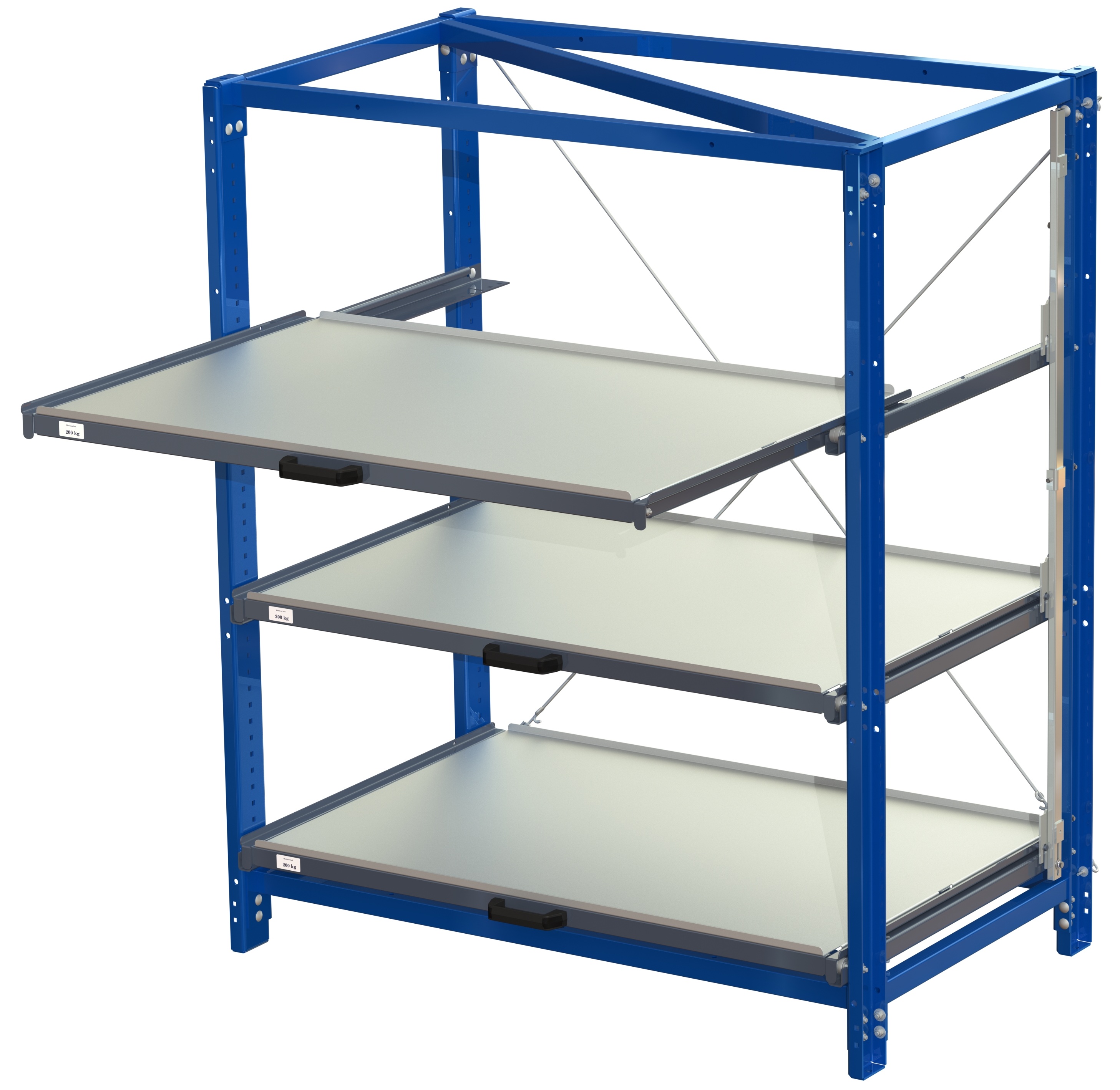Compact storage unit with shelf lock, long-side forward, 70% extension, 200kg load capacity, 3 shelves