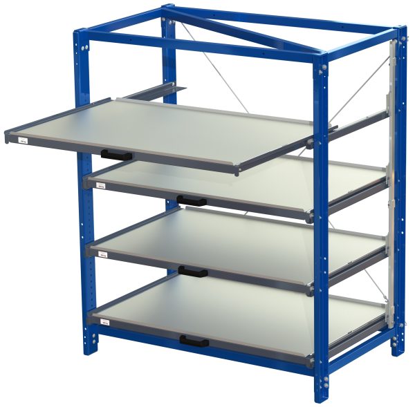Compact storage unit with shelf lock, long-side forward, 70% extension, 200kg load capacity, 4 shelves