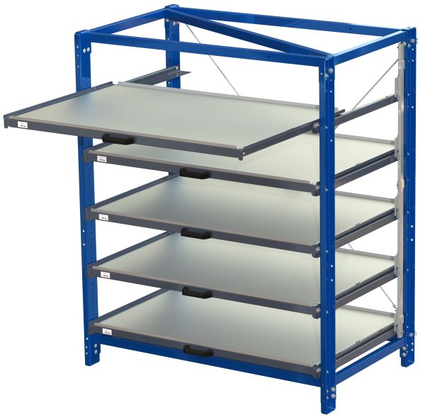 Compact storage unit with shelf lock, long-side forward, 70% extension, 200kg load capacity, 5 shelves