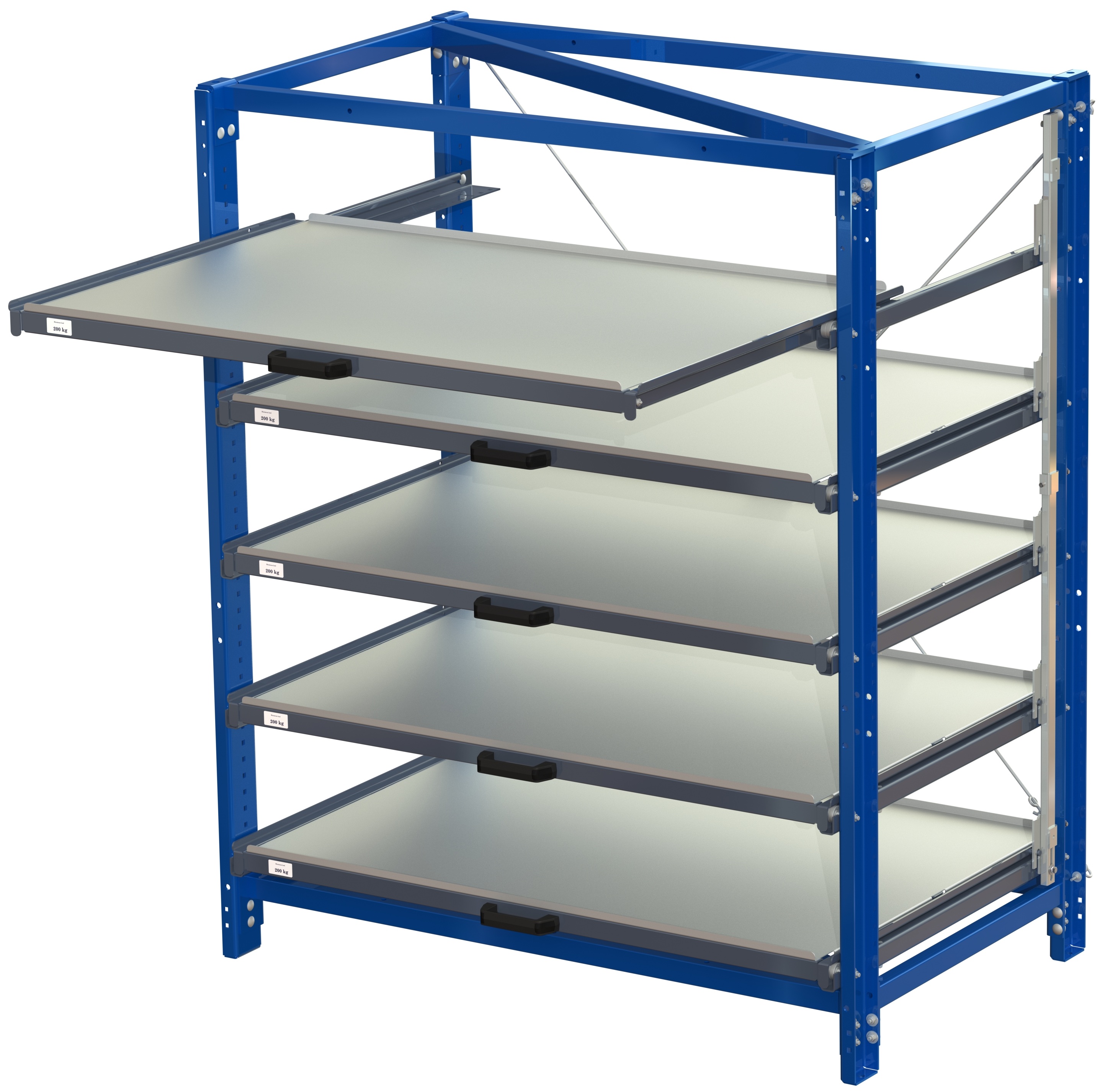 Compact storage unit with shelf lock, long-side forward, 70% extension, 200kg load capacity, 5 shelves