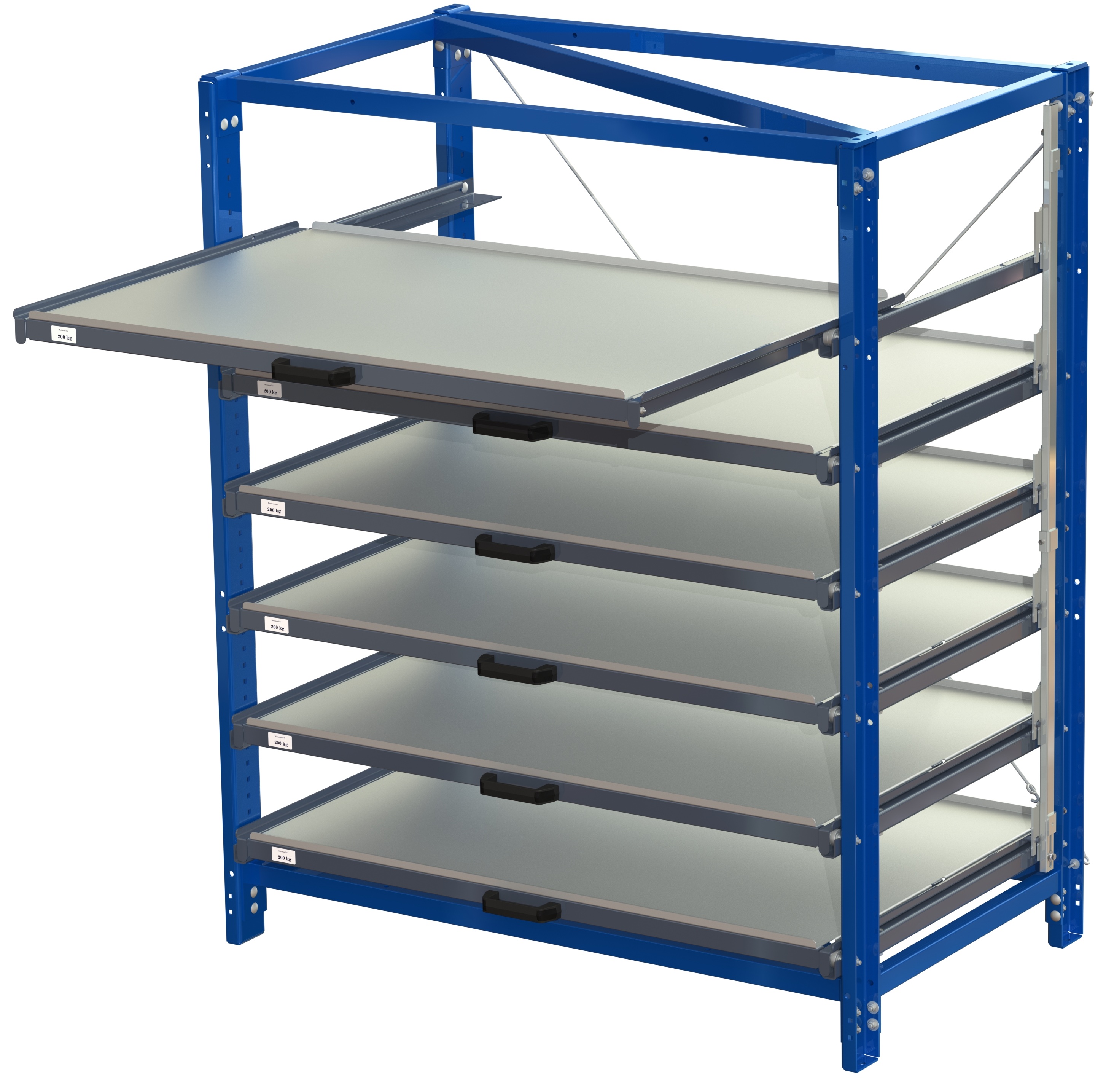 Compact storage unit with shelf lock, long-side forward, 70% extension, 200kg load capacity, 6 shelves