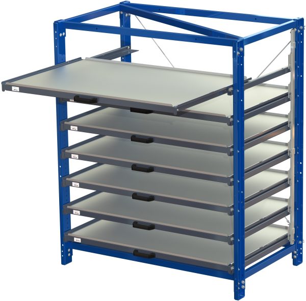 Compact storage unit with shelf lock, long-side forward, 70% extension, 200kg load capacity, 7 shelves