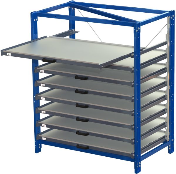 Compact storage unit with shelf lock, long-side forward, 70% extension, 200kg load capacity, 8 shelves