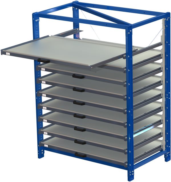 Compact storage unit with shelf lock, long-side forward, 70% extension, 200kg load capacity, 9 shelves