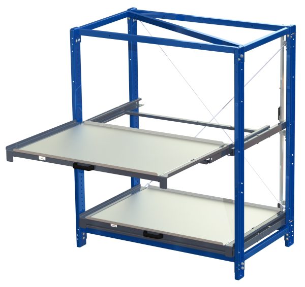 Compact storage unit with shelf lock, long-side forward, 100% extension, 150kg load capacity, 2 shelves