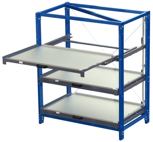 Compact storage unit with shelf lock, long-side forward, 100% extension, 150kg load capacity, 3 shelves