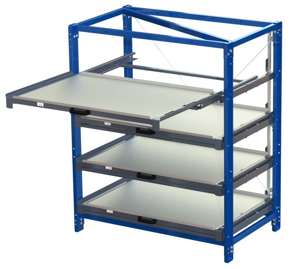 Compact storage unit with shelf lock, long-side forward, 100% extension,150kg load capacity, 4 shelves