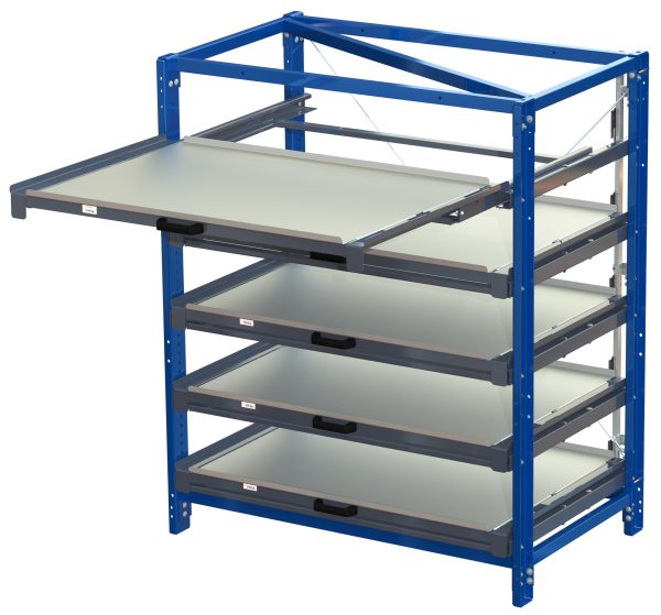 Compact storage unit with shelf lock, long-side forward, 100% extension, 150kg load capacity, 5 shelves