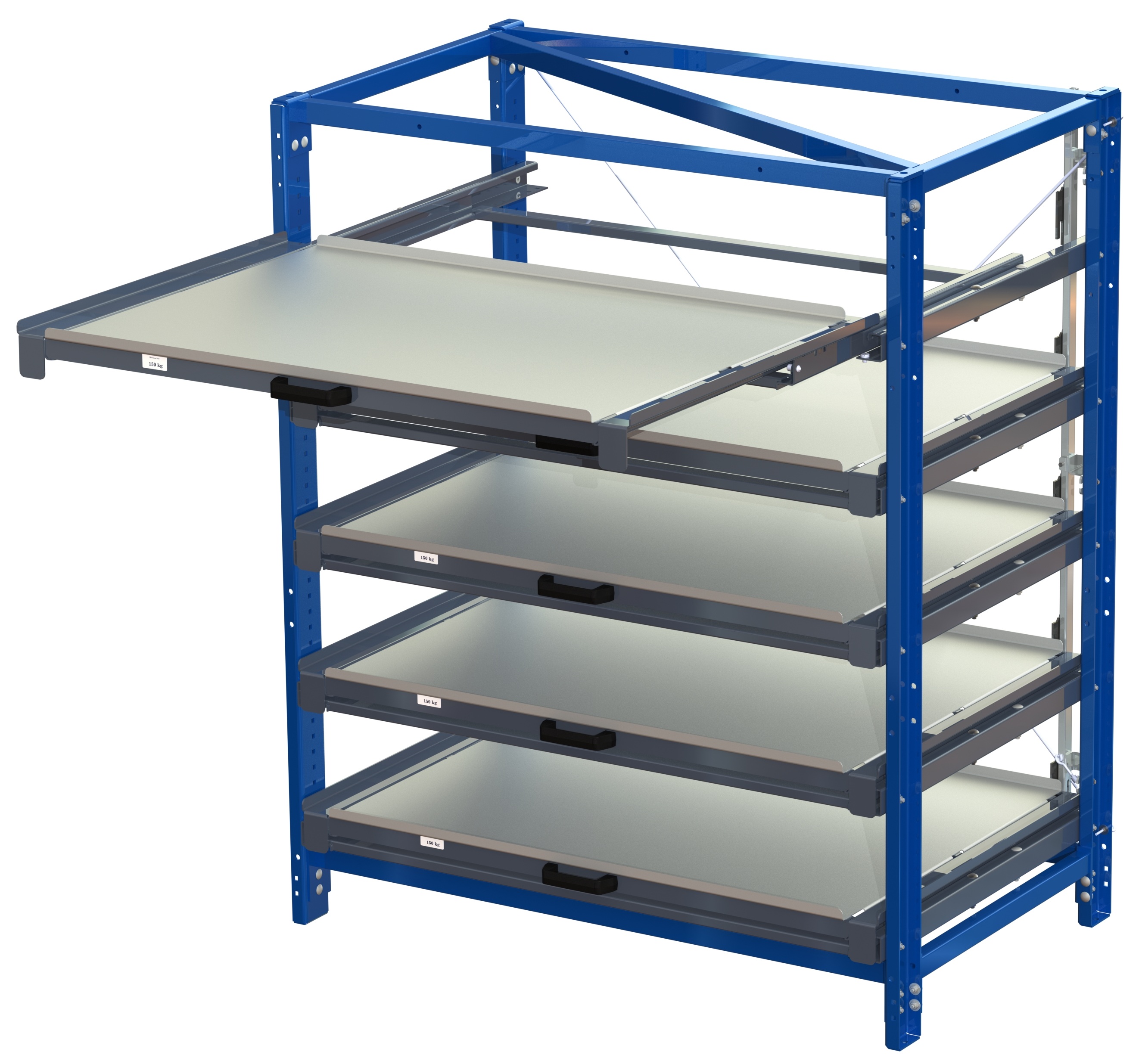 Compact storage unit with shelf lock, long-side forward, 100% extension, 150kg load capacity, 5 shelves
