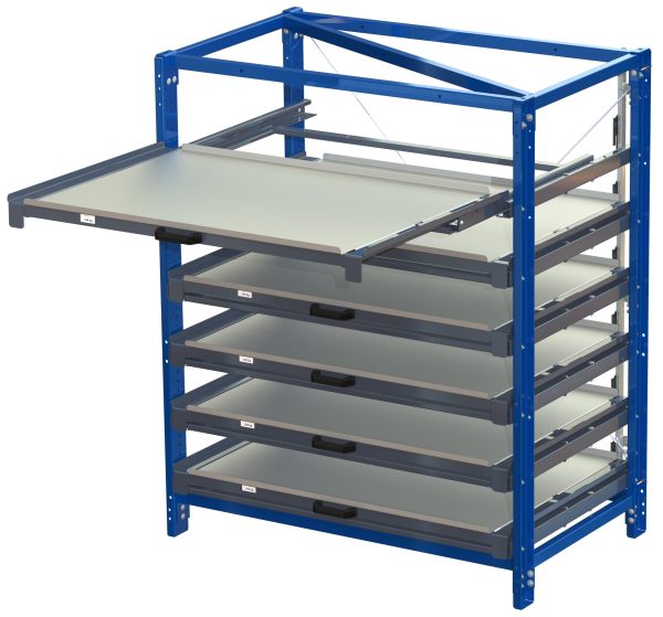 Compact storage unit with shelf lock, long-side forward, 100% extension, 150kg load capacity, 6 shelves