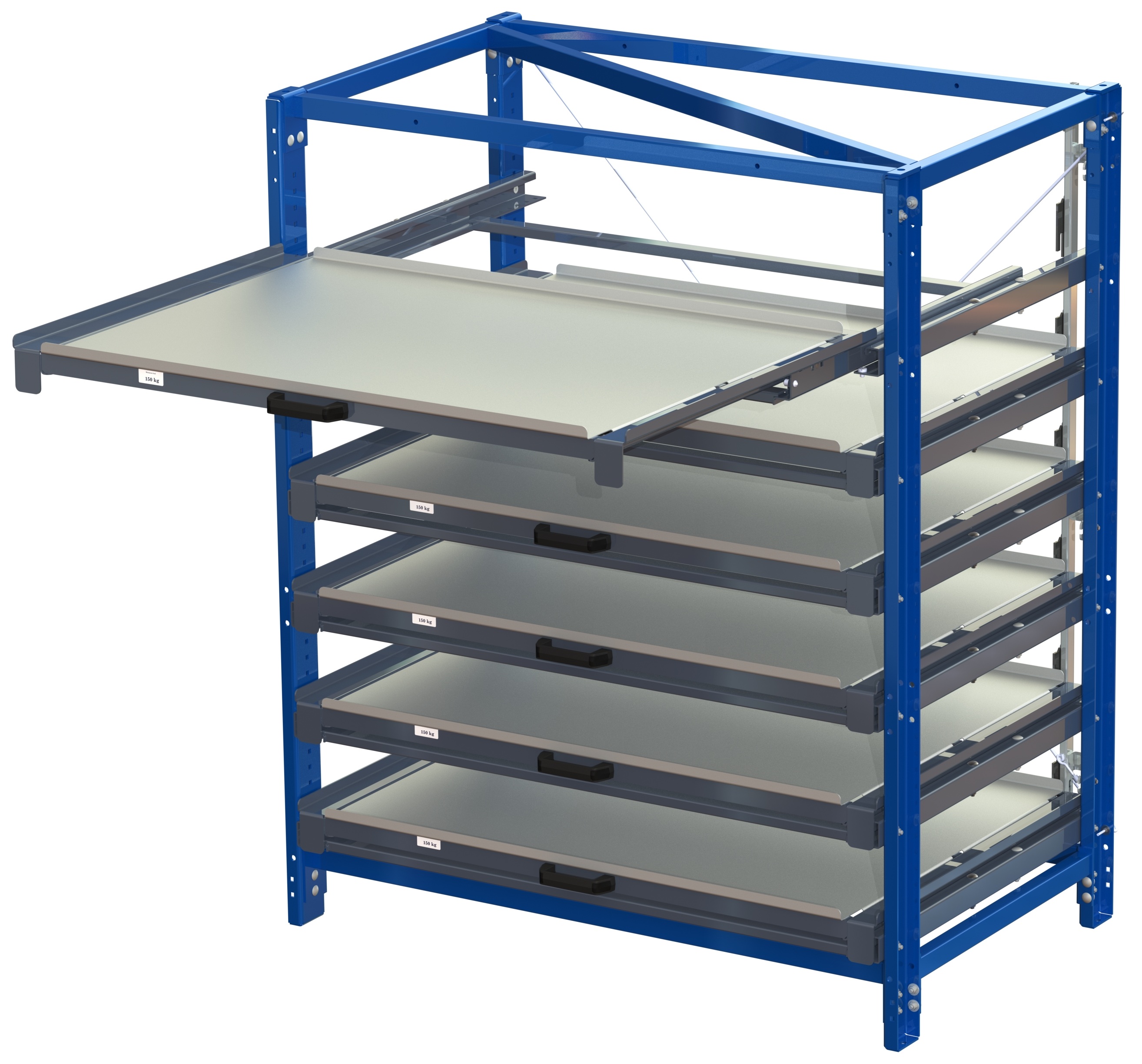 Compact storage unit with shelf lock, long-side forward, 100% extension, 150kg load capacity, 6 shelves
