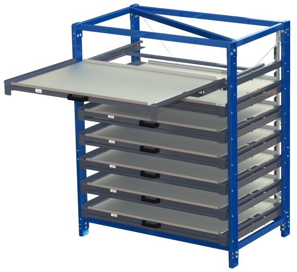 Compact storage unit with shelf lock, long-side forward,100% extension, 150kg load capacity, 7 shelves