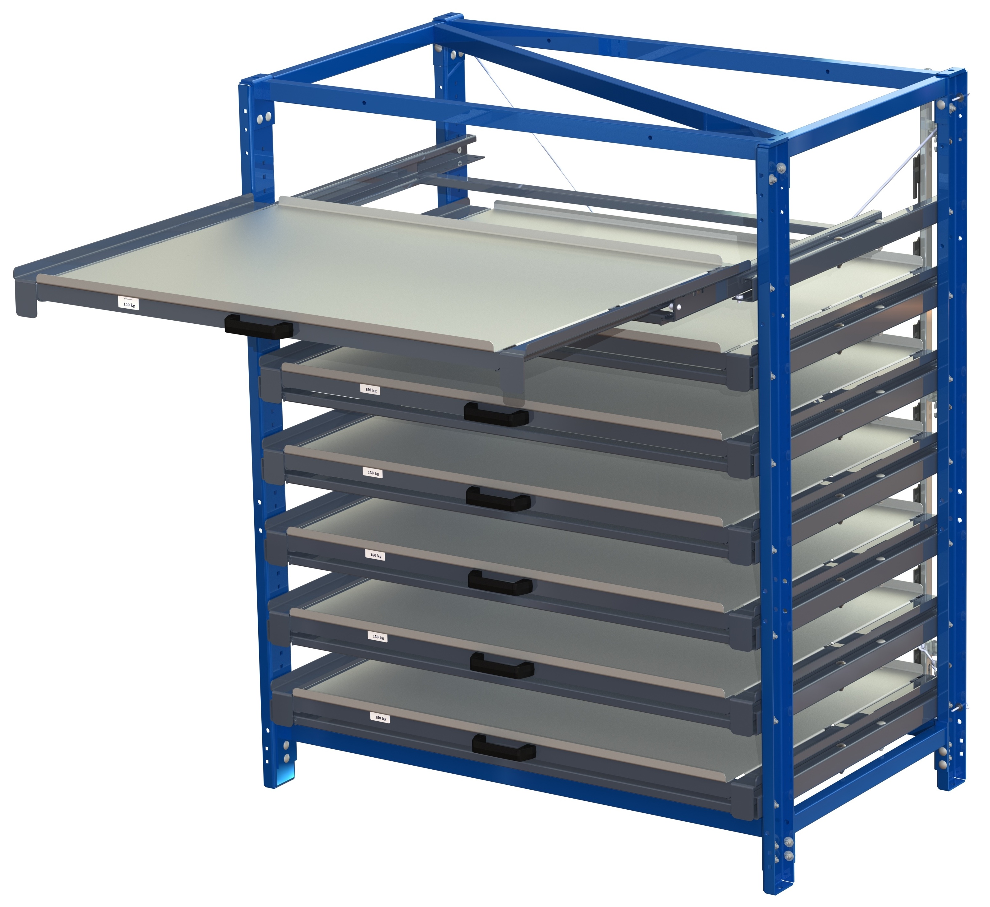 Compact storage unit with shelf lock, long-side forward,100% extension, 150kg load capacity, 7 shelves