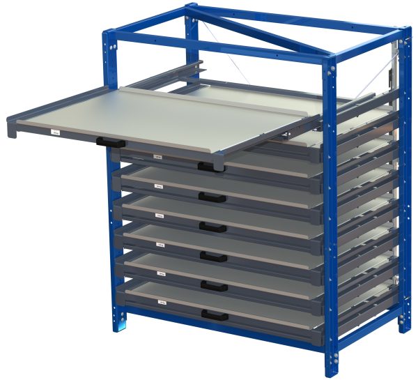 Compact storage unit with shelf lock, long-side forward, 100% extension, 150kg load capacity, 8 shelves