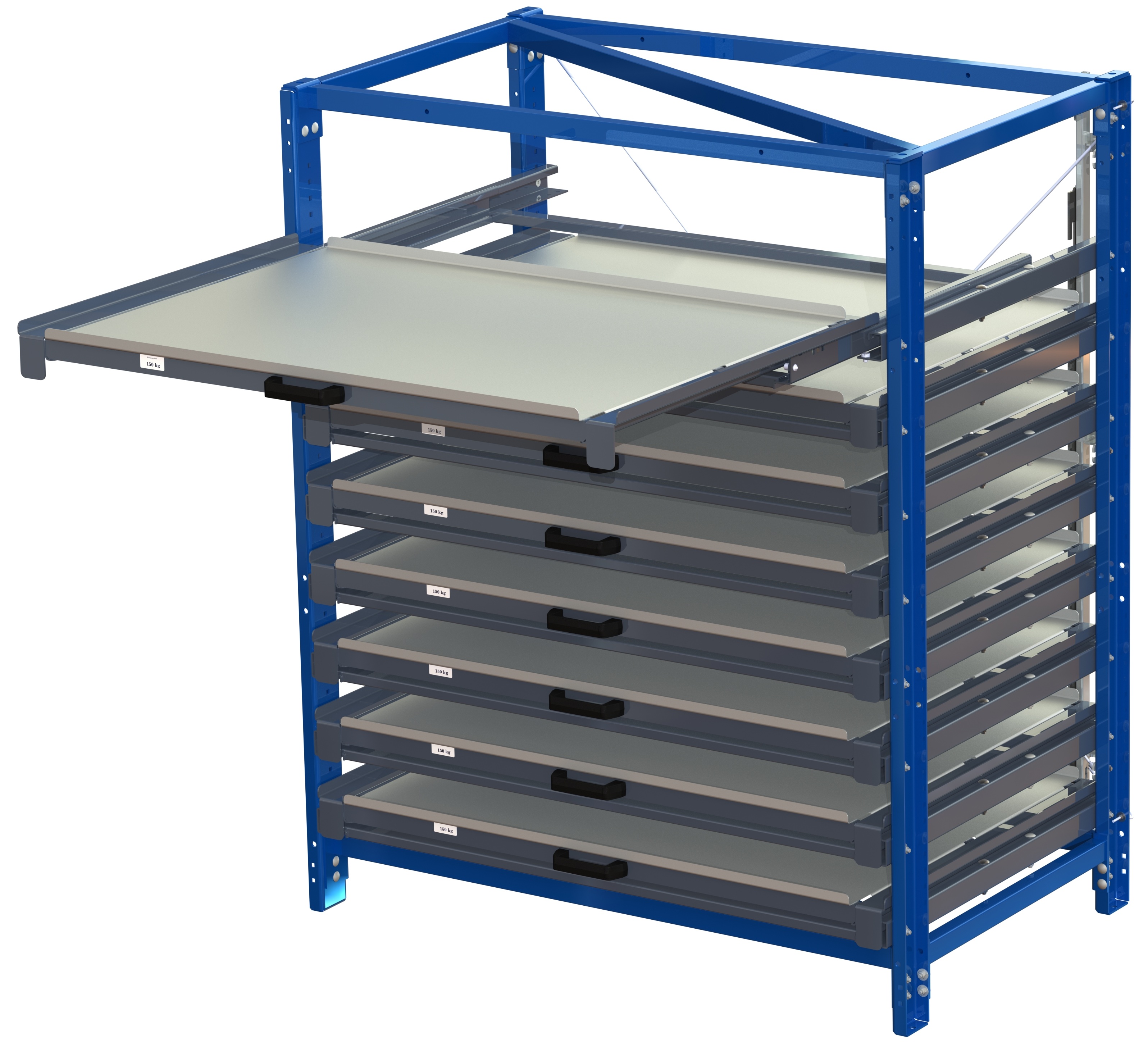 Compact storage unit with shelf lock, long-side forward, 100% extension, 150kg load capacity, 8 shelves