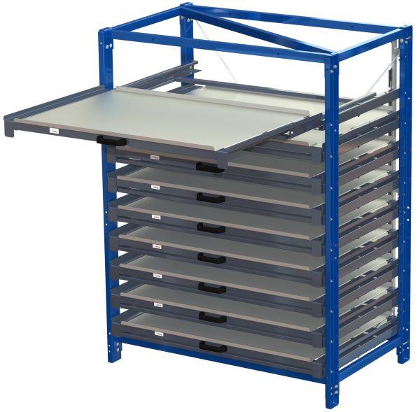 Compact storage unit with shelf lock, long-side forward, 100% extension,150kg load capacity, 9 shelves