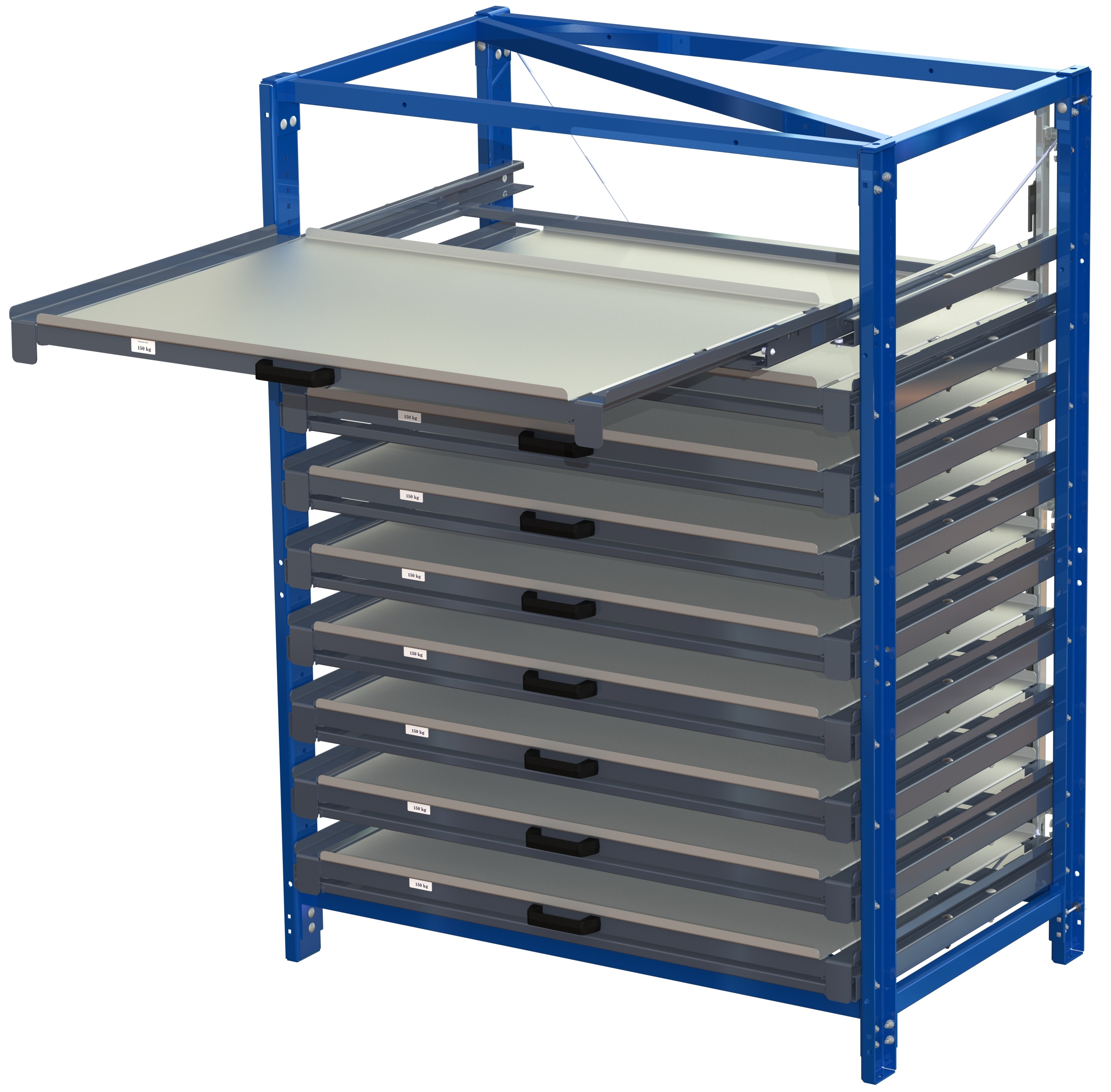 Compact storage unit with shelf lock, long-side forward, 100% extension,150kg load capacity, 9 shelves