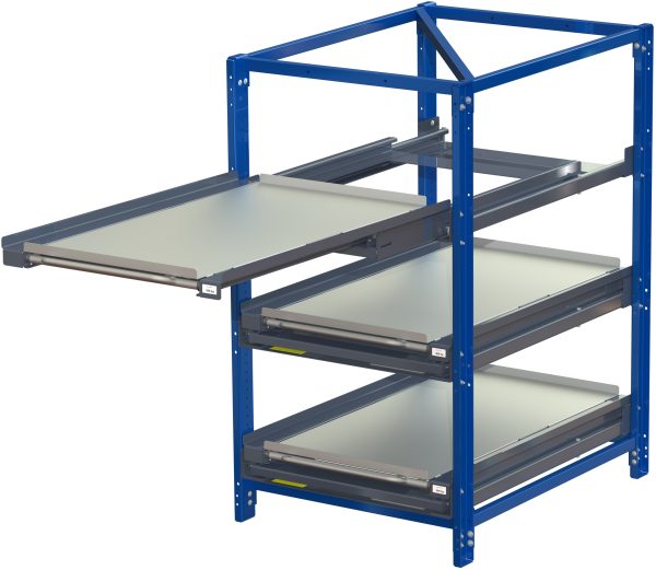 Compact storage unit without shelf lock, short-side forward, 100% extension, 300kg load capacity, 3 shelves