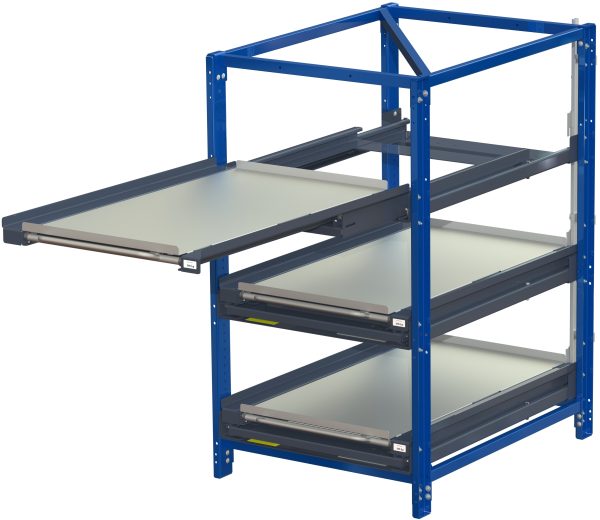 Compact storage unit with shelf lock, short-side forward, 100% extension, 300kg load capacity, 3 shelves