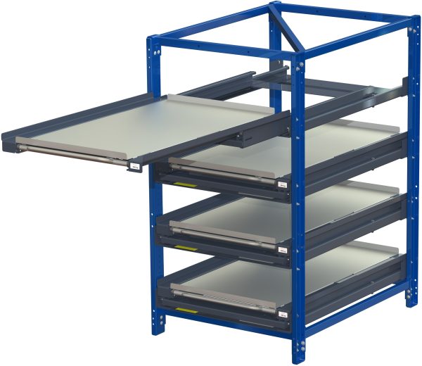 Compact storage unit without shelf lock, short-side forward, 100% extension, 300kg load capacity, 4 shelves