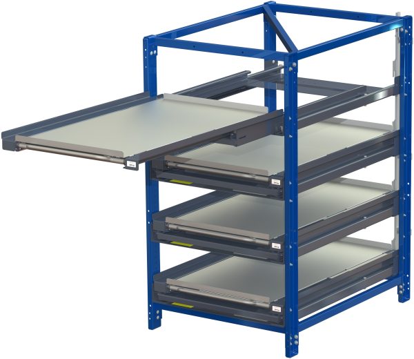 Compact storage unit with shelf lock, short-side forward, 100% extension, 300kg load capacity, 4 shelves