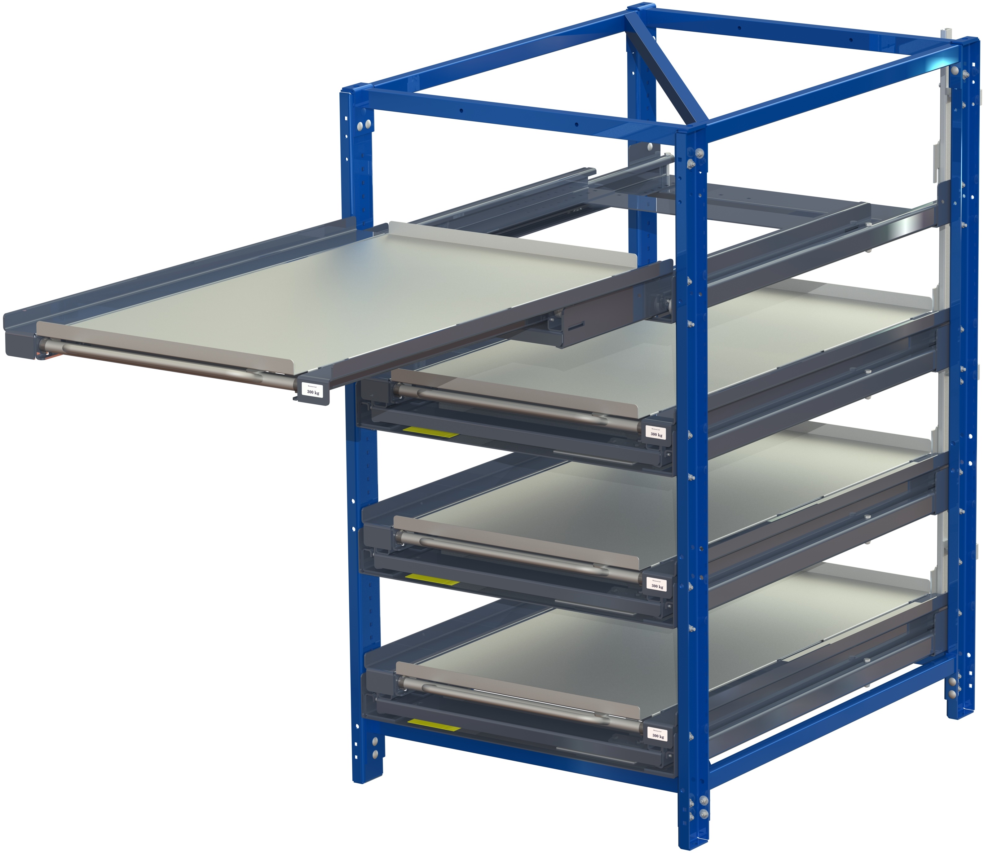 Compact storage unit with shelf lock, short-side forward, 100% extension, 300kg load capacity, 4 shelves