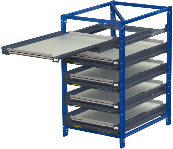 Compact storage unit without shelf lock, short-side forward, 100% extension, 300kg load capacity, 5 shelves