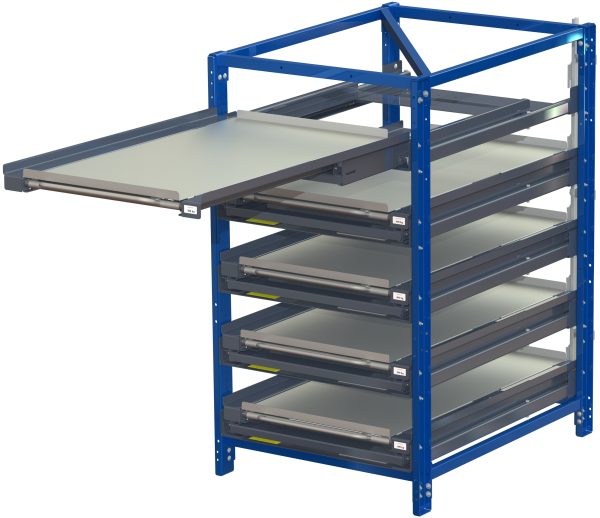Compact storage unit with shelf lock, short-side forward, 100% extension, 300kg load capacity, 5 shelves
